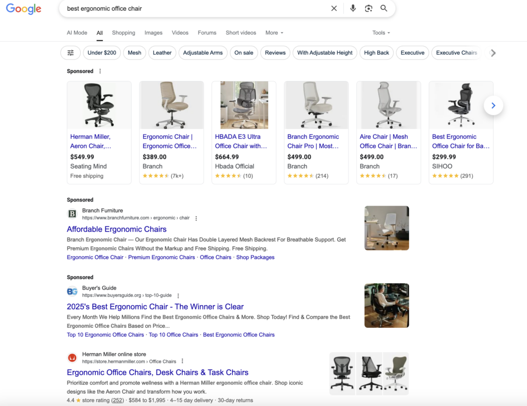 Google SERP June 2025 for an office chair